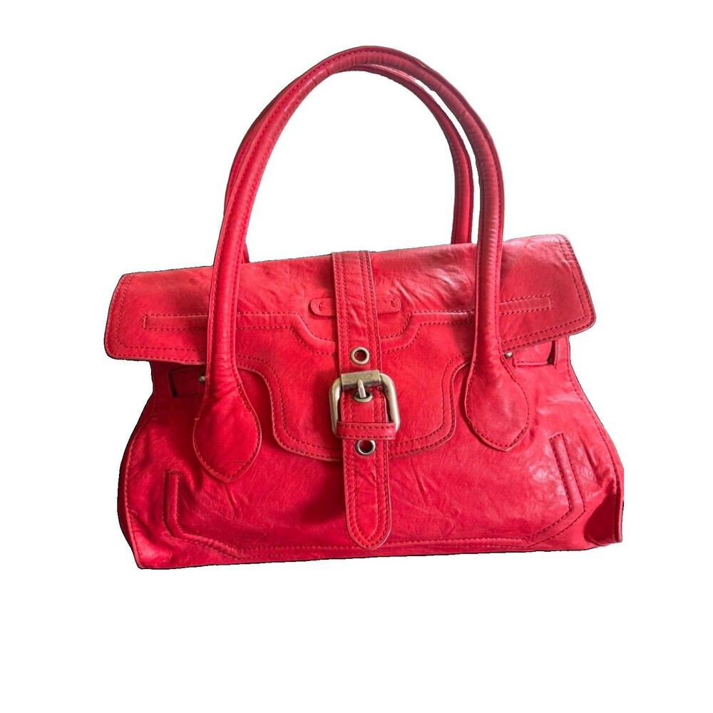 Prüne Red Large Satchel Top Handle Bag Buckle Magnetic Closure Detachable Strap